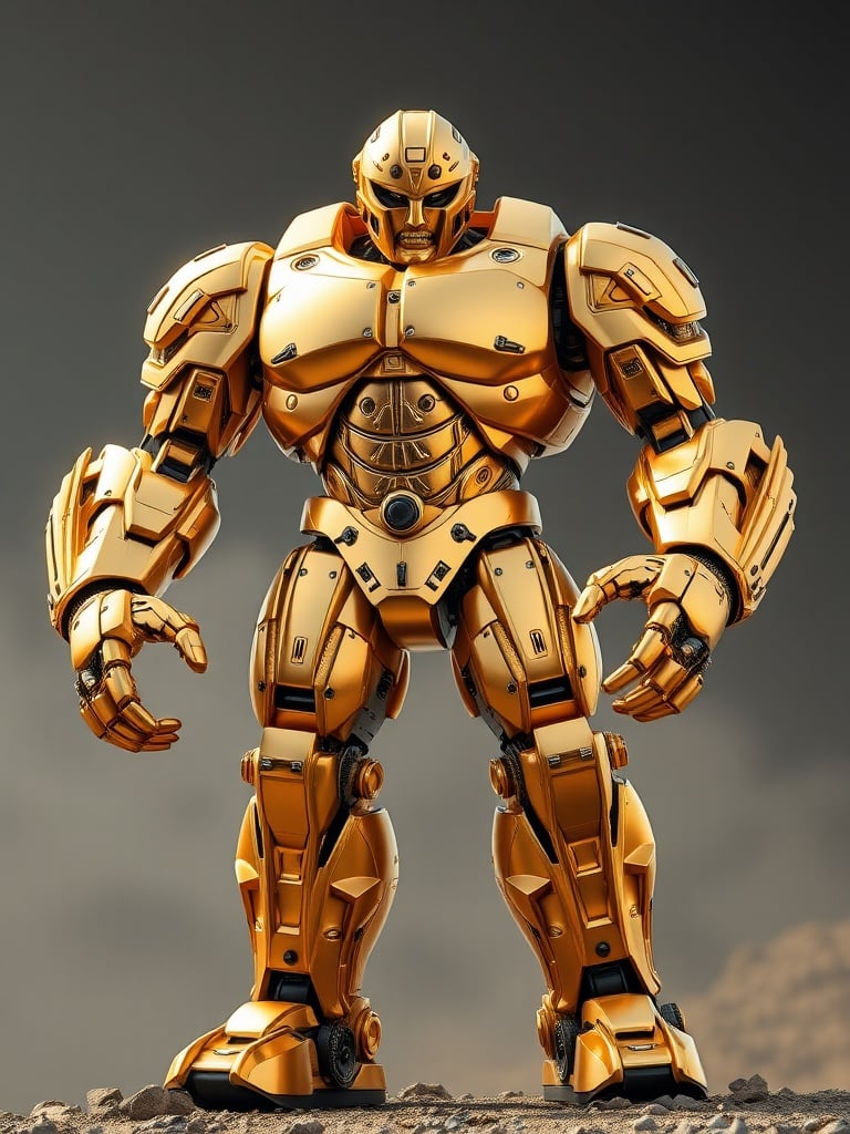 A striking image of a gleaming, gold-colored robot standing powerfully on a rocky terrain. The robot's intricate design showcases advanced technology and robust construction, emphasizing its intricate joints and armor plating. Against a dramatic, clouded sky, this image evokes a sense of futuristic strength and sophistication.