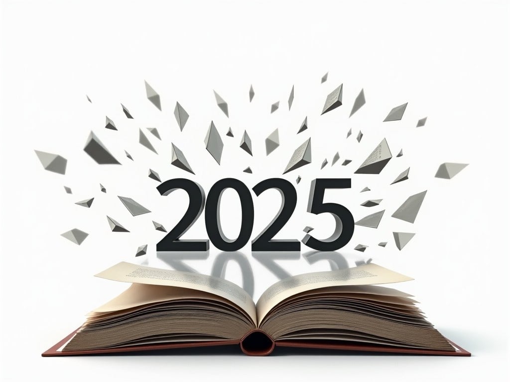 An open book is depicted with the year '2025' emerging in 3D from its pages. The background is white, highlighting the book and the number. Surrounding the number are scattered shapes, symbolizing ideas or information. The book has a brown cover with pages fanning out. The focus is on the number, suggesting anticipation for the future. This image conveys a sense of innovation and excitement for what is to come.