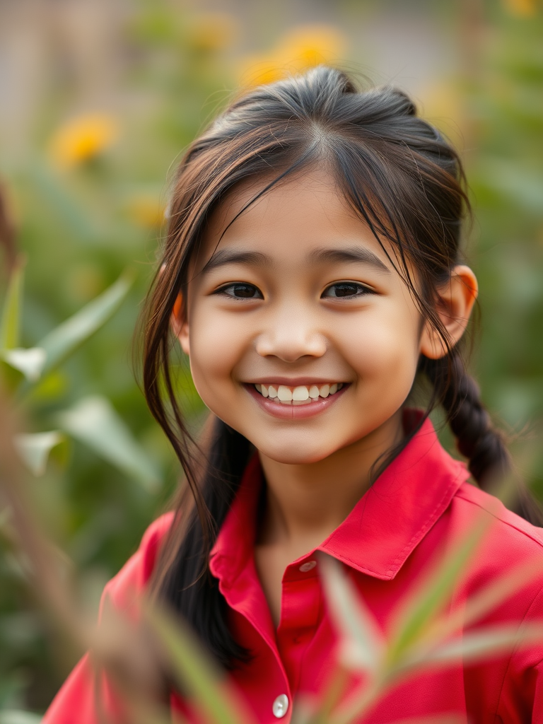 A young girl with dark hair and a red shirt smiles brightly in a lush, blurred garden setting with hints of yellow flowers.