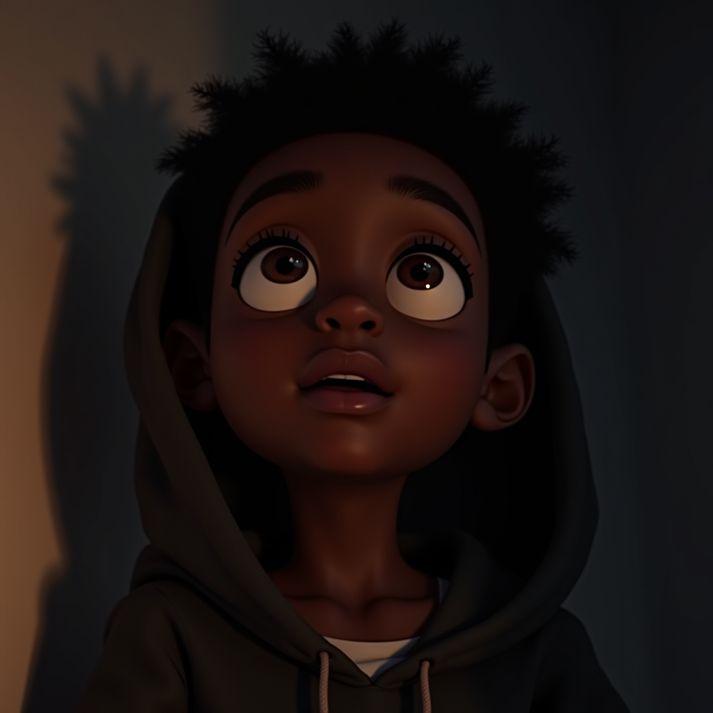 A child with wide eyes looks upwards, wearing a dark hoodie in a softly lit environment.