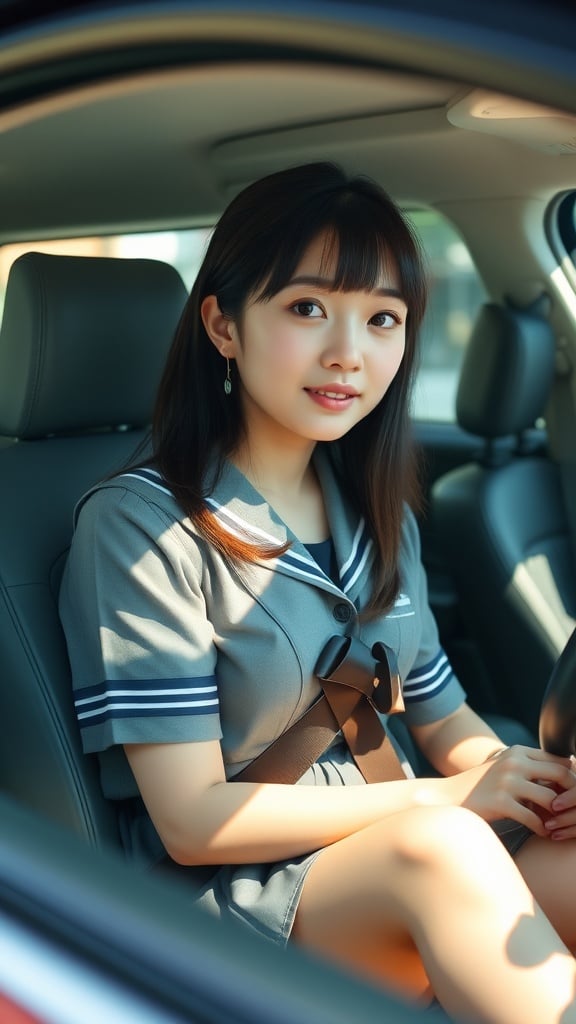 The image captures a young woman sitting inside a car, wearing a school uniform. Her expression is gentle and serene, reflecting the soft natural light filtering through the car window. The interior of the car frames her figure, adding a casual and intimate atmosphere to the scene.