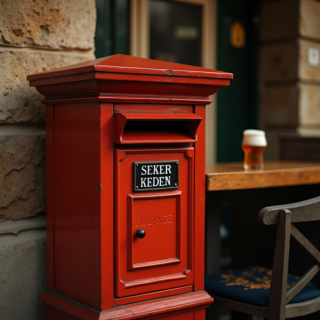 A classic red post box stands near a wooden table with a glass of frothy beer on it.