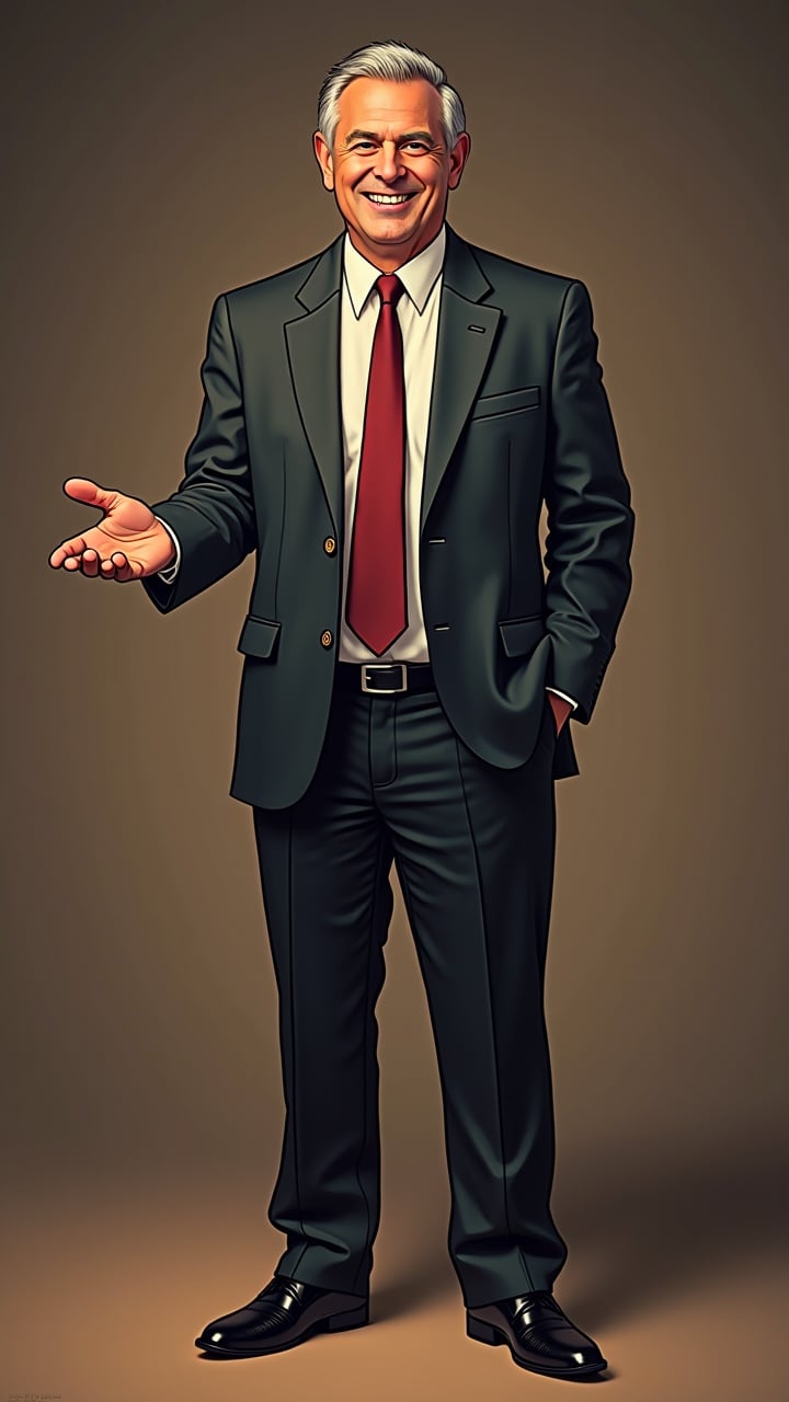 A digital illustration of a well-dressed, older businessman with gray hair and a friendly smile, extending his hand as if in greeting or offering assistance.