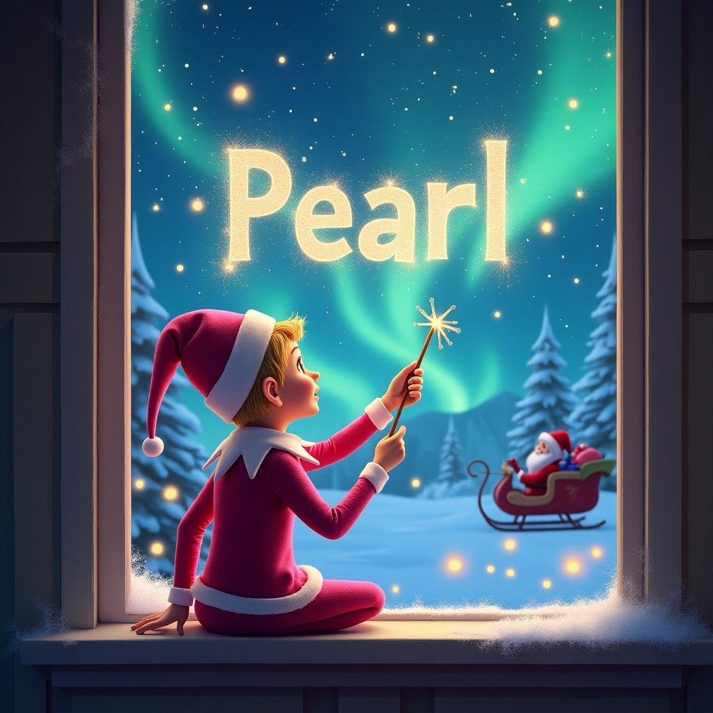 The image features an enchanting scene during Christmas. An elf, dressed in a pink outfit and pointed hat, sits on a window ledge. With his back to the viewer, he faces the sky, using a wand to write the name 'Pearl' in shimmering letters. The background is filled with twinkling stars and colorful northern lights, creating a magical atmosphere. In the distance, Santa Claus can be seen in his sleigh, contributing to the festive spirit.