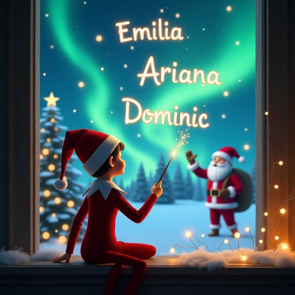 An enchanting Christmas scene features an elf on the shelf, sitting by a window, facing the sky. The elf uses a magic wand to elegantly write 'Emilia', 'Ariana', and 'Dominic' in sparkling letters in the air. Outside the window, a magical winter landscape unfolds with twinkling northern lights and Santa Claus. The elf is donned in a classic red outfit, radiating holiday joy. Snowflakes gently fall, enhancing the festive atmosphere. The scene embodies warmth, wonder, and the spirit of Christmas, captivating the viewer's imagination.