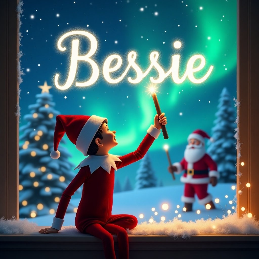 An enchanting scene featuring an elf on the shelf with his back turned, gazing at the night sky. The elf is using a magic wand to elegantly write 'Bessie' in glowing letters against a backdrop of northern lights. In the background, Santa Claus stands cheerfully with a snowy landscape adorned with Christmas trees. The ambiance is festive, capturing the joyful essence of the holiday season. This illustration combines whimsy and magic, perfect for Christmas-themed projects.