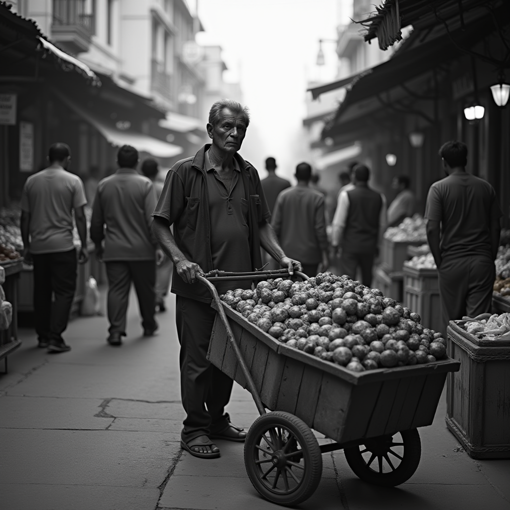 A black-and-white image of a man pushing a cart full of potatoes through a bustling street market.