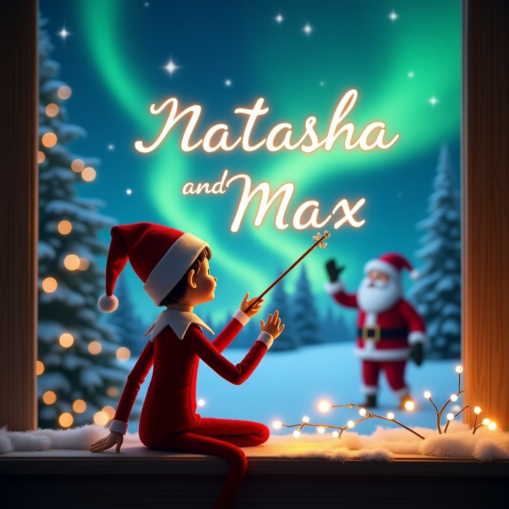 The image showcases an enchanting Christmas scene. An elf on the shelf sits with its back to the viewer, gazing up into the starry sky. With a magic wand in hand, the elf gracefully writes 'Natasha' and 'Max' in the air. The backdrop features stunning northern lights illuminating a snowy landscape. In the distance, Santa Claus waves cheerfully, enhancing the holiday spirit. The overall atmosphere is whimsical and magical, perfect for spreading festive joy.