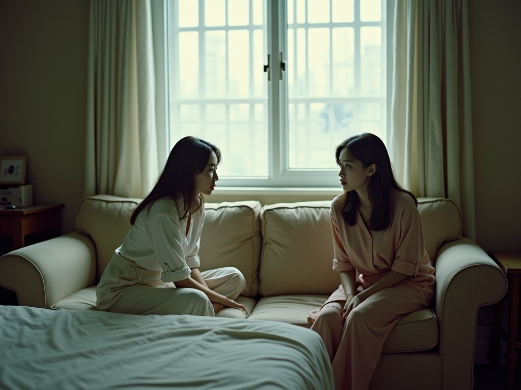 In a softly lit room, two women sit facing each other on a beige sofa, with a large window behind them letting in natural light. They appear engaged in a deep conversation, each dressed in light, neutral-colored clothing. The ambiance of the room is calming, with muted colors and minimal decor, creating an introspective and intimate atmosphere.