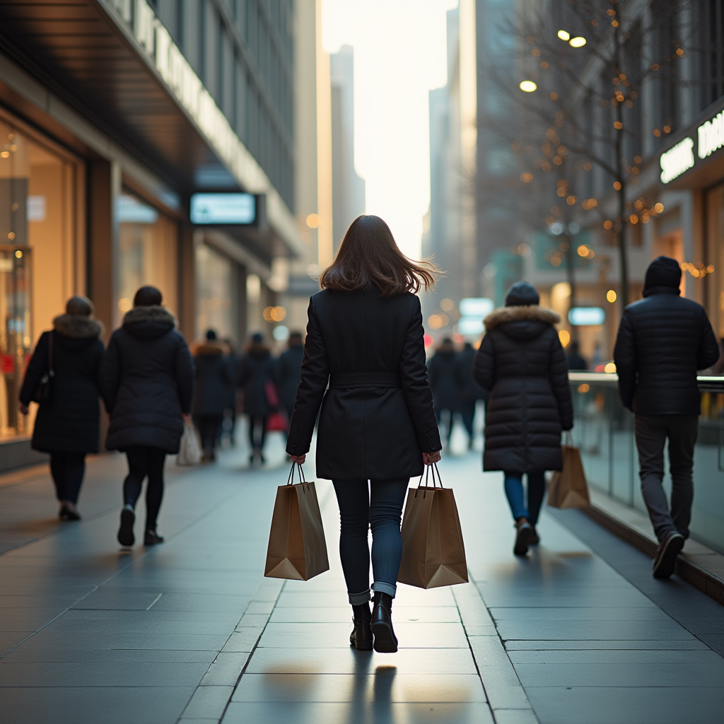 A person walks through a bustling city street carrying shopping bags.