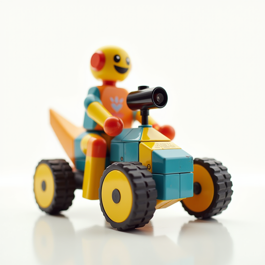 A colorful plastic toy robot riding a vintage-style tricycle.