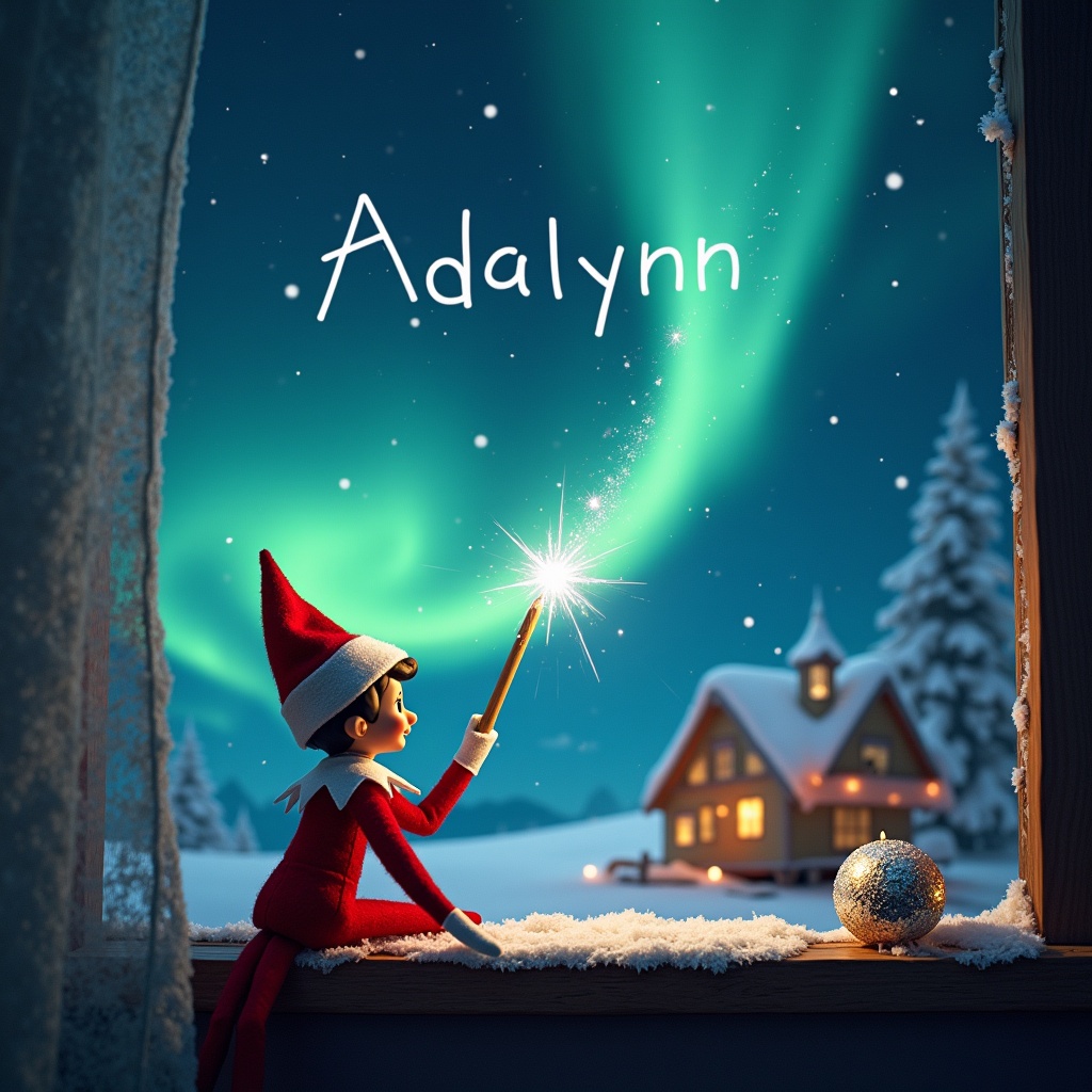 The image features an enchanting Christmas scene with an elf on the shelf. The elf is positioned with his back to the viewer, gazing up at the starry sky. He is wielding a magical wand, sparkling as he writes 'Adalynn' in the night sky. The background is filled with beautiful northern lights, creating a whimsical and festive ambiance. A cozy house is visible, enhancing the holiday spirit with its warm glow. Snow gently accumulates on the window sill, adding to the winter wonderland feel.