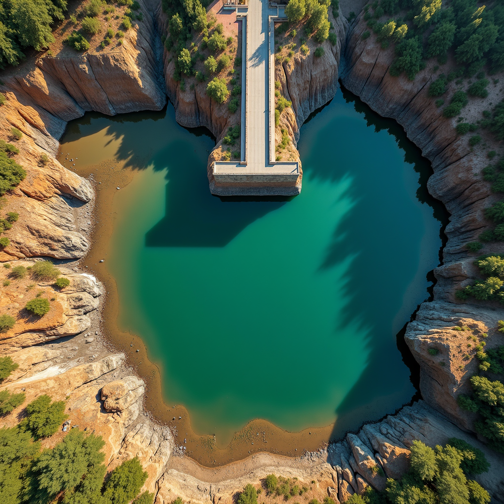 Aerial view of a calm green lake surrounded by rugged cliffs and a long pier extending over the water.