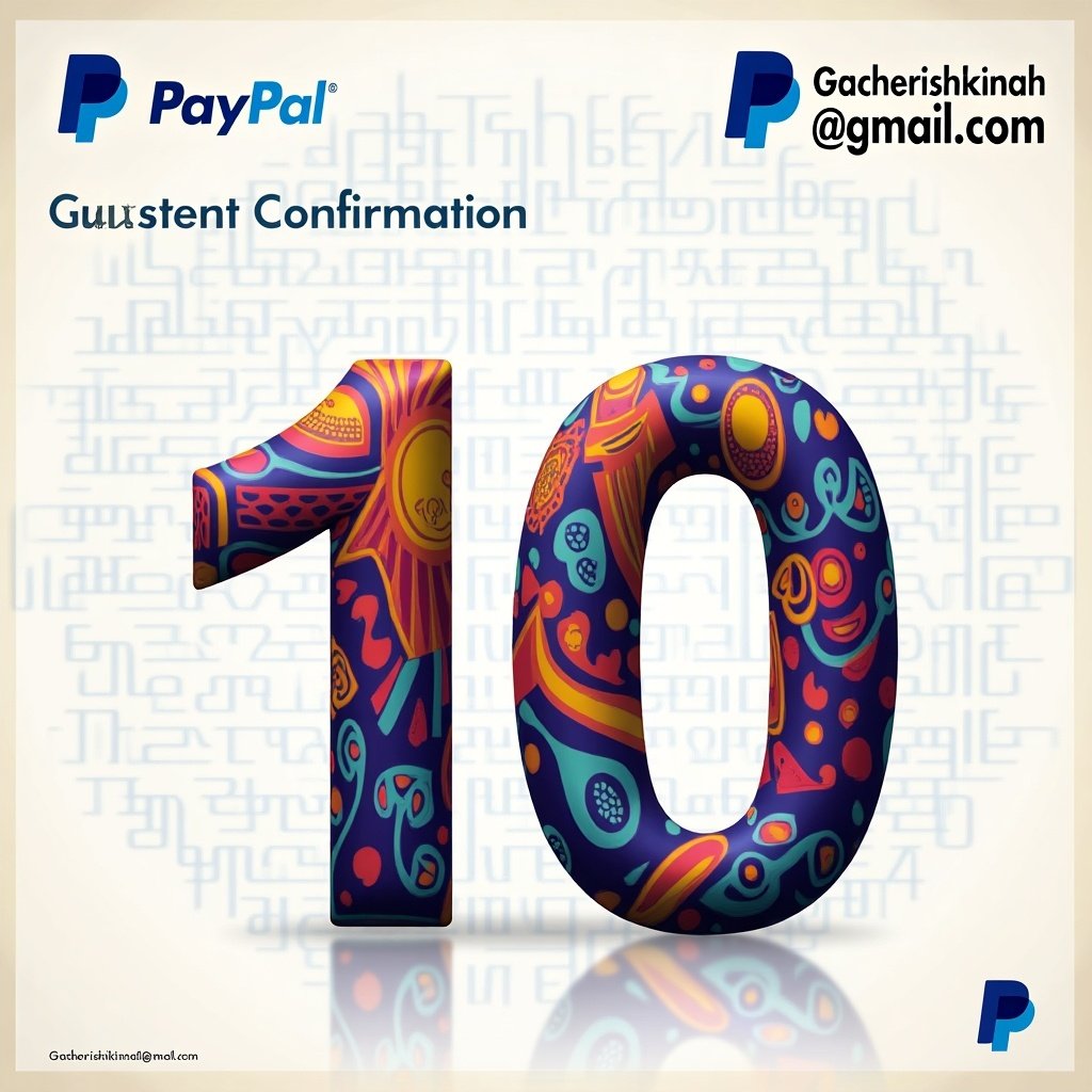 This image represents a proof of payment of $10 via PayPal. It features a large, decorative '10' in vibrant colors, symbolizing the monetary transaction. The PayPal logo is prominently displayed, indicating the payment service used. The email address gacherishkinah@gmail.com is included, serving as the recipient of the payment. This graphic can be used for financial documentation or as an invoice confirmation.