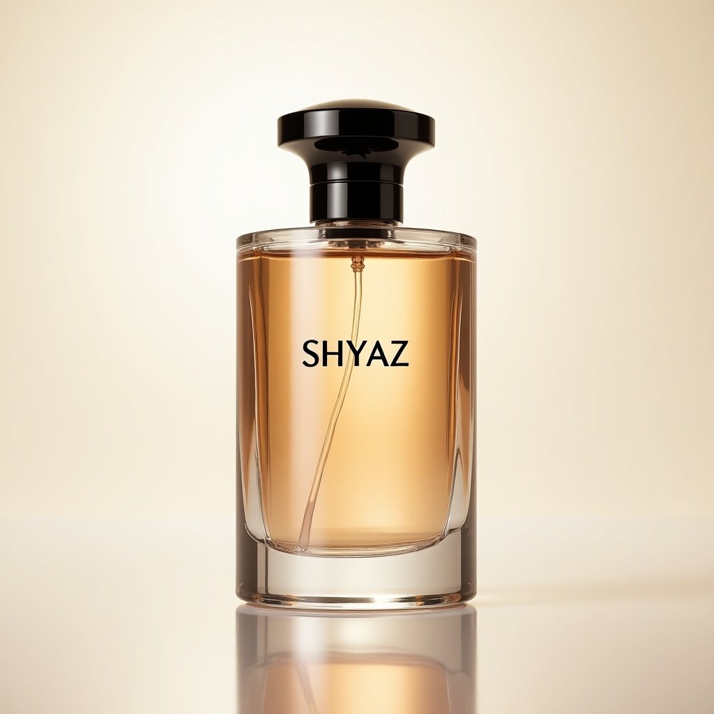 The image features an elegant perfume bottle with the label 'SHYAZ' prominently displayed. The bottle is made of clear glass, showcasing the warm golden liquid inside. It has a classic shape with a sophisticated black cap that adds a touch of luxury. The background is minimalistic to emphasize the bottle's design, creating an atmosphere of elegance and refinement. The soft lighting enhances the bottle's features, reflecting subtly off the glass.