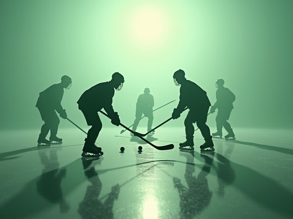 The image captures the silhouettes of hockey players on an ice rink. The players are in motion, skating and practicing with pucks scattered in front of them. The color palette is predominantly green and misty, creating a serene atmosphere. The lighting is soft, accentuating the shapes of the players against the ice. This scene conveys a sense of passion and dedication to the sport of ice hockey, making it appealing for sports-related uses.