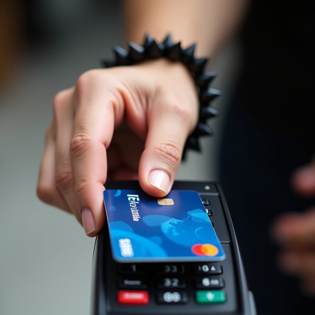 The image captures a close-up view of a person executing a contactless payment. The hand is seen hovering above a sleek payment processing machine, effectively showcasing the credit card in use. A striking black spiked bracelet on the wrist adds a trendy flair to the composition. The card prominently displays a blue design, indicating it is a Visa card. The background is kept neutral to emphasize the transaction, and the bright lighting highlights the card details, illustrating the ease and efficiency of contemporary payment methods.