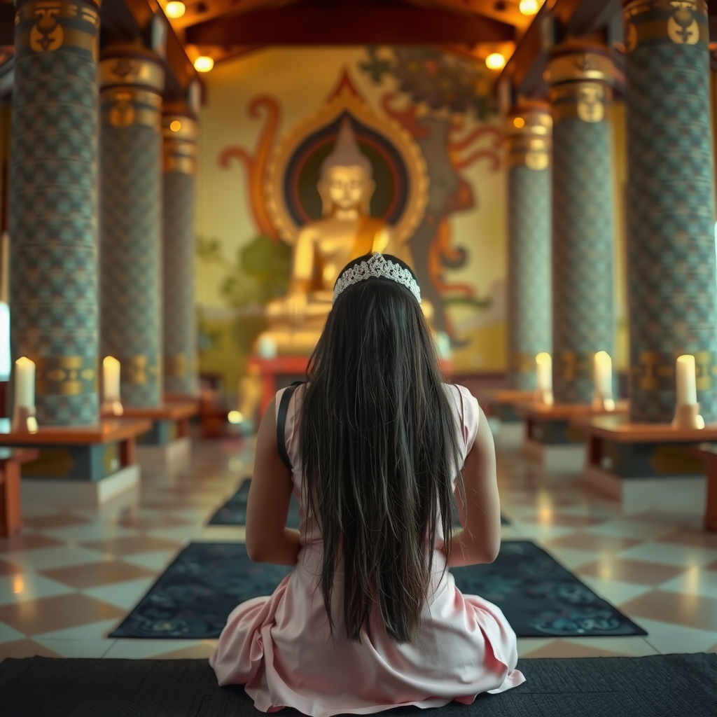 A woman kneels in quiet contemplation before a Buddha statue in an ornate temple.