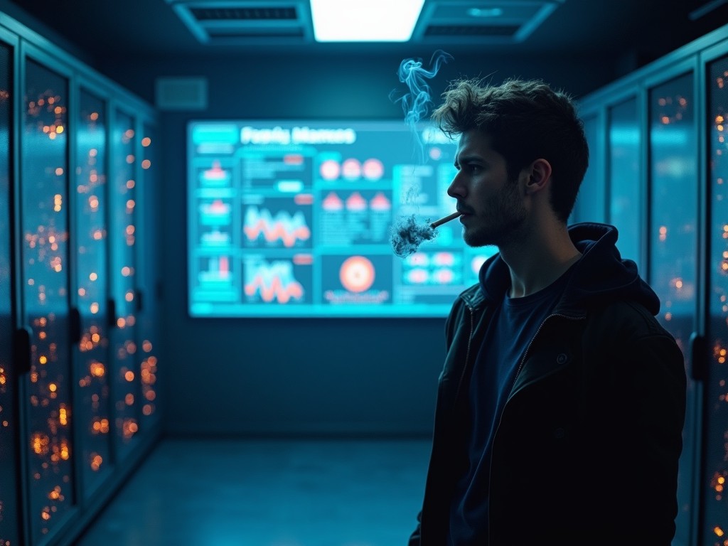 The image shows a young man standing in a narrow corridor filled with glowing screens. He is exhaling smoke, creating a moody atmosphere. The background screens display digital data, adding a high-tech vibe. The lighting is primarily blue with hints of orange, enhancing the contrast. The scene exudes a sense of contemplation and modern urban life.