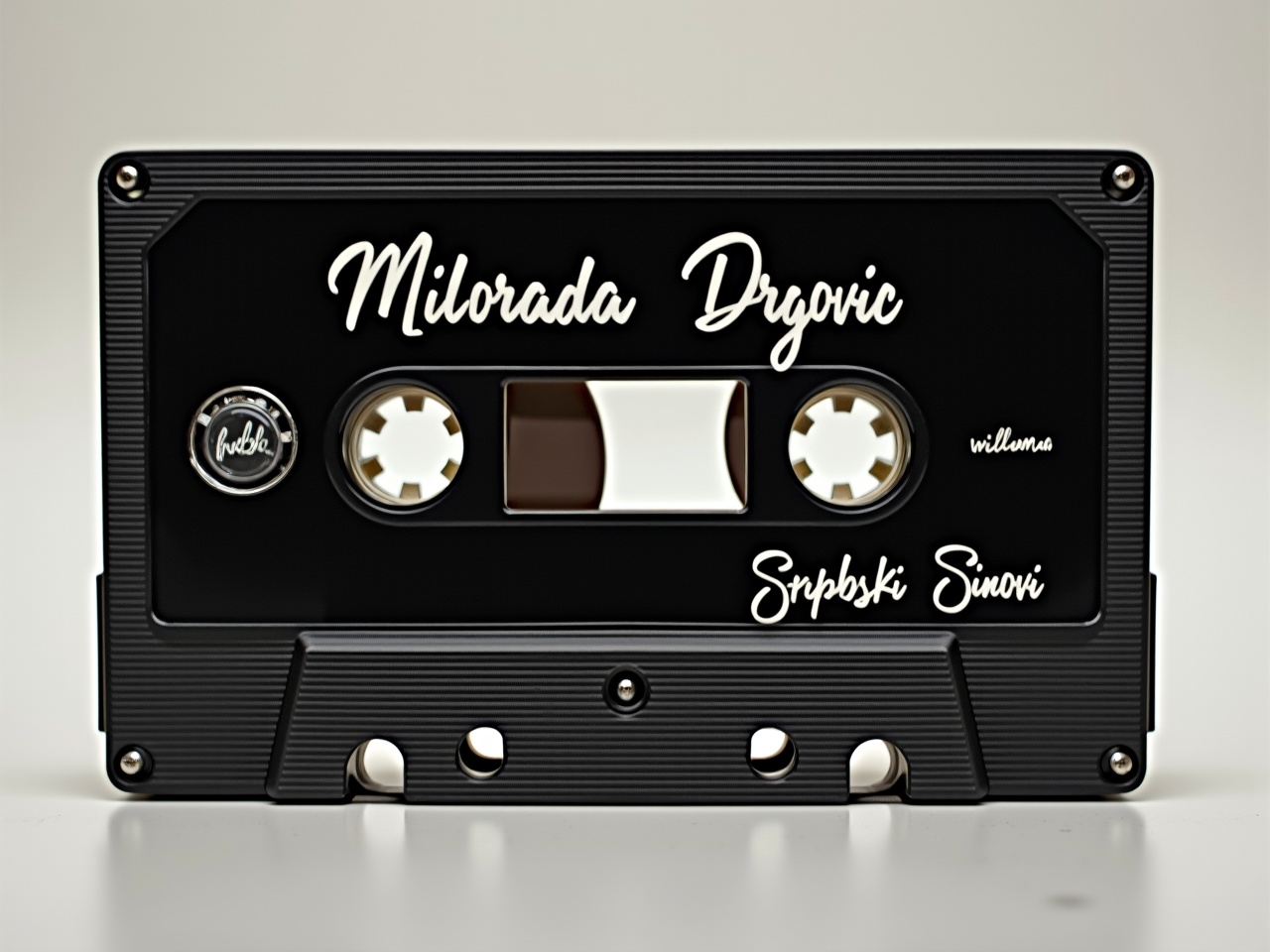 The image showcases a black audio cassette tape. The tape has the artist's name 'Milorada Drgovic' and the album title 'Srpski Sinovi' prominently displayed in white letters. Additionally, it features the label 'Krajina Pjeva' along with a year mark of 1993. The overall look is sleek and captures the essence of vintage music format. This cassette can attract nostalgia for music fans and collectors alike. Its aesthetic is perfect for retro-themed use in various media.