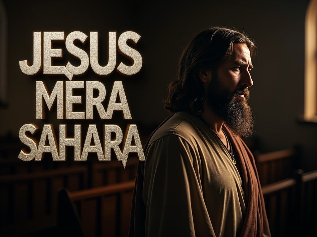 The image features a somber portrayal of a man with long hair and a beard, dressed in traditional robes, positioned thoughtfully in a dimly lit room resembling a church or spiritual setting. The text 'Jesus Mera Sahara' in bold letters on the left side infuses a religious connotation, suggesting themes of faith and solace. The play of light and shadow across the man's face creates a reflective and tranquil atmosphere.