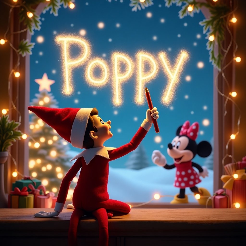 This enchanting image features an elf on the shelf, sitting with his back to the viewer. He is holding a wand and using it to write 'Poppy' in sparkling letters against the night sky. The background is adorned with a magical Disney Christmas setting, showcasing festive decorations and twinkling lights. Minnie Mouse can be seen joyfully interacting with the scene, adding to the whimsical atmosphere. The whole composition radiates holiday cheer and a sense of childlike wonder, making it perfect for festive storytelling.