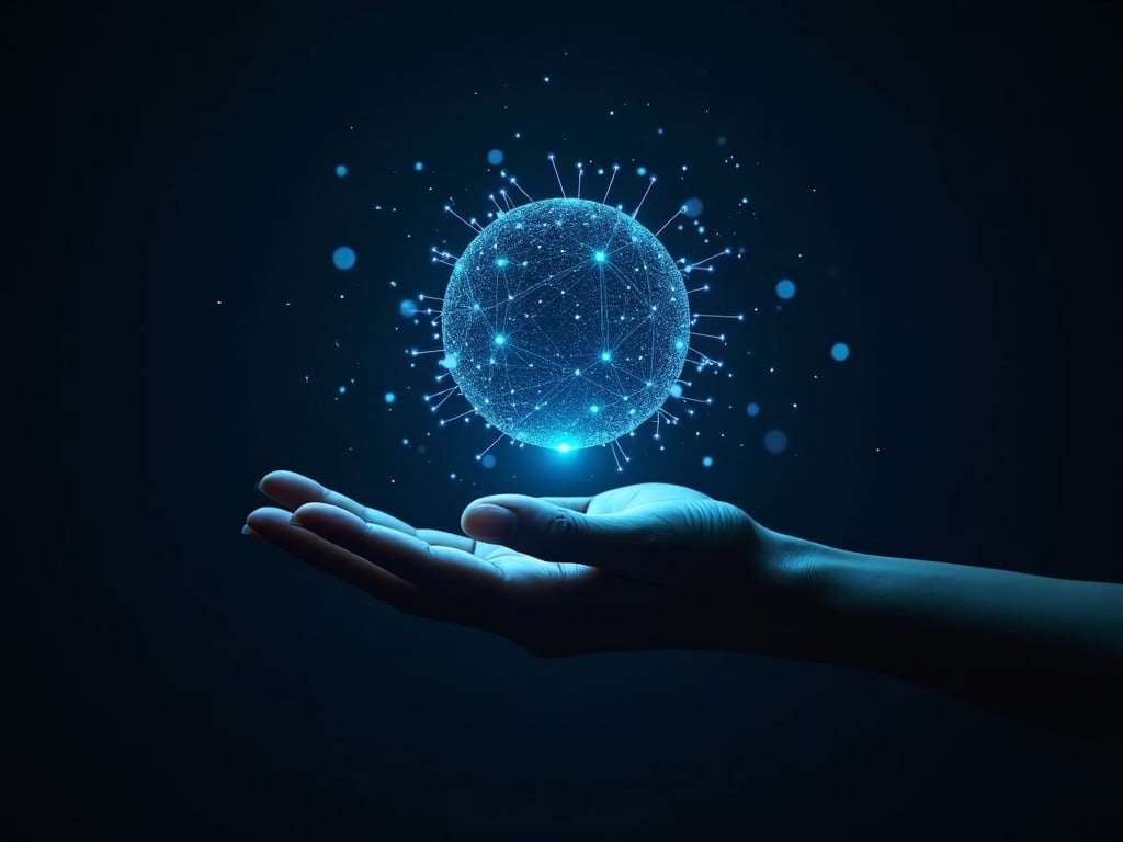 The image depicts a single human hand gently holding a glowing, spherical digital globe. The globe is composed of interconnected particles, representing data and connectivity. It shines brightly in a dark environment, emphasizing its significance. The background is black, which enhances the vibrancy of the blue glow. This scene evokes a sense of technological advancement and innovation. The hand appears as if it is offering or presenting the globe, inviting interaction.