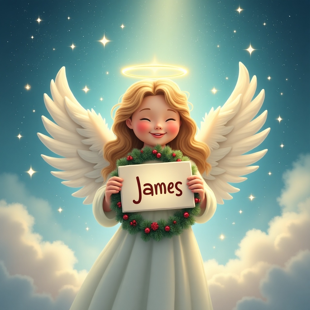 This image features an angel with joyful expression, embodying Christmas cheer. She has golden hair and holds a sign that says 'James'. The angel is surrounded by a wreath adorned with festive decorations. A soft, heavenly light emanates from above, creating a serene atmosphere. The background is filled with twinkling stars and clouds, enhancing the magical feel of Christmas in heaven.