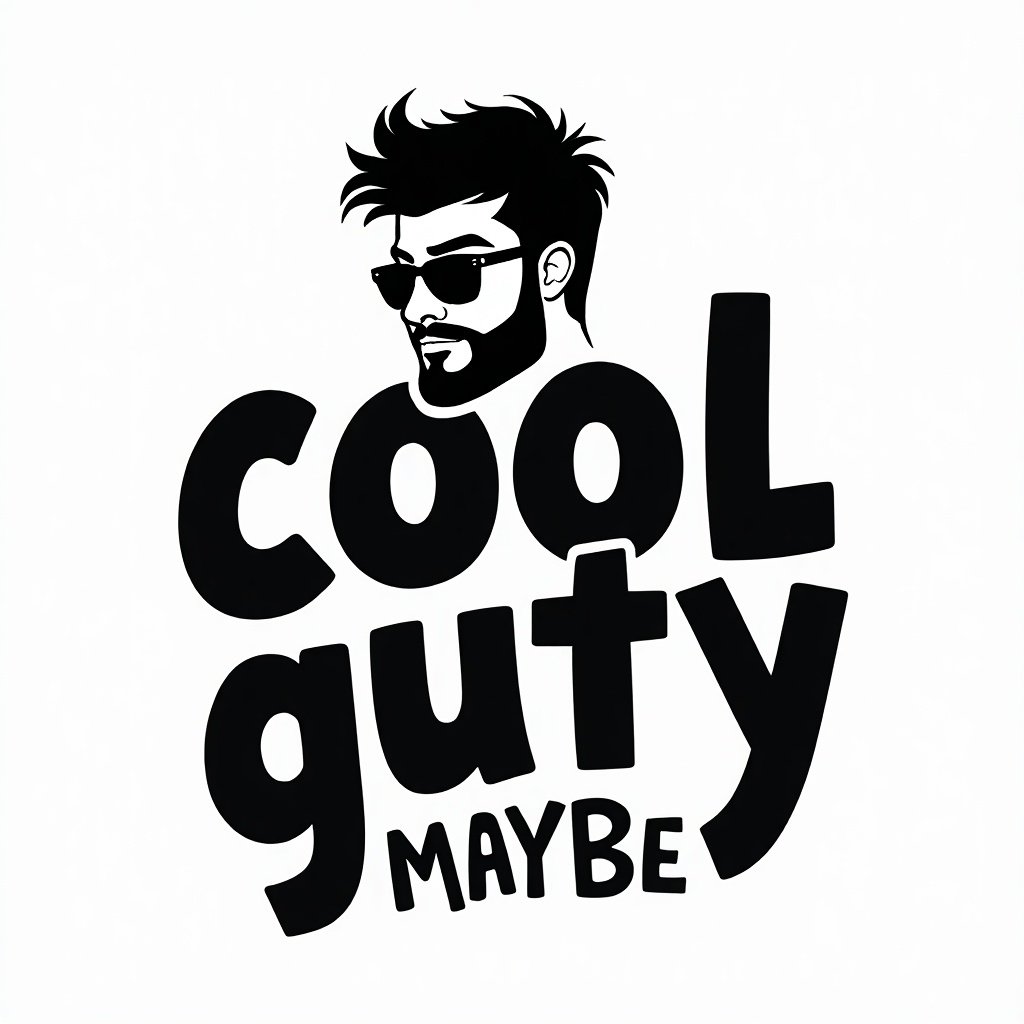 This image features a bold monochrome design with the text 'cool guy maybe' incorporated. The artwork includes a silhouette of a confident young man wearing sunglasses, adding a trendy vibe. It is designed specifically for children's apparel, making it fun and appealing. The style is playful yet stylish, perfect for capturing the attention of kids. The overall composition is striking and memorable, ideal for T-shirt merchandising.