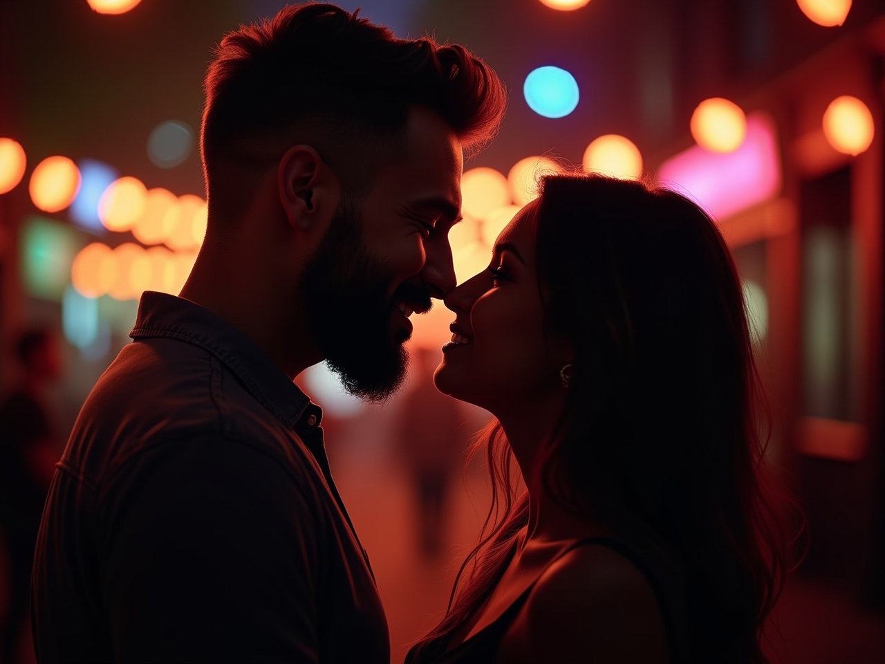 A romantic scene capturing a couple about to kiss, surrounded by vibrant string lights at night. The atmosphere is warm and dreamy with colorful lights enhancing the intimate moment. The couple is depicted in silhouette, highlighting their closeness and connection. The male features a stylish haircut and beard, while the female has long, flowing hair. Their expressions convey happiness and affection, with the background softly blurred to focus on the couple's interaction.