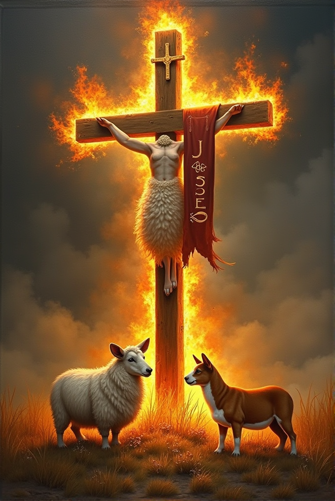 A cross with a fiery aura, draped with a red cloth and adorned with a sheep, surrounded by a sheep and dog on burning grass.