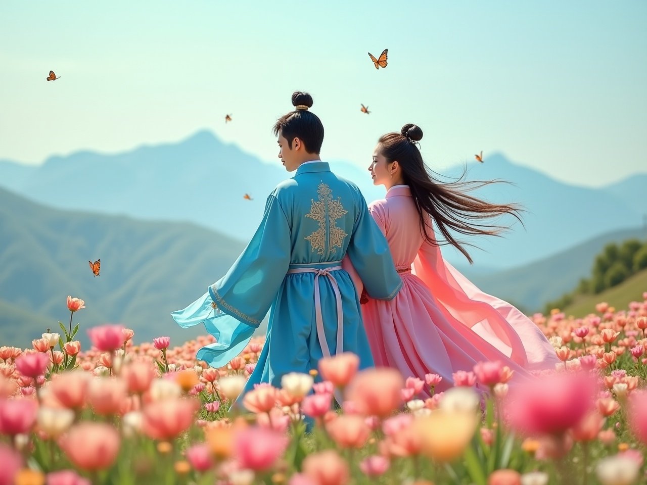 The image features a romantic scene with a couple dressed in traditional Hanfu attire. They are walking hand in hand through a vibrant field of flowers. Colorful butterflies flit around, adding to the enchanting atmosphere. The background showcases lush green mountains under a clear blue sky. The overall mood is serene and idyllic, evoking a sense of love and connection with nature.