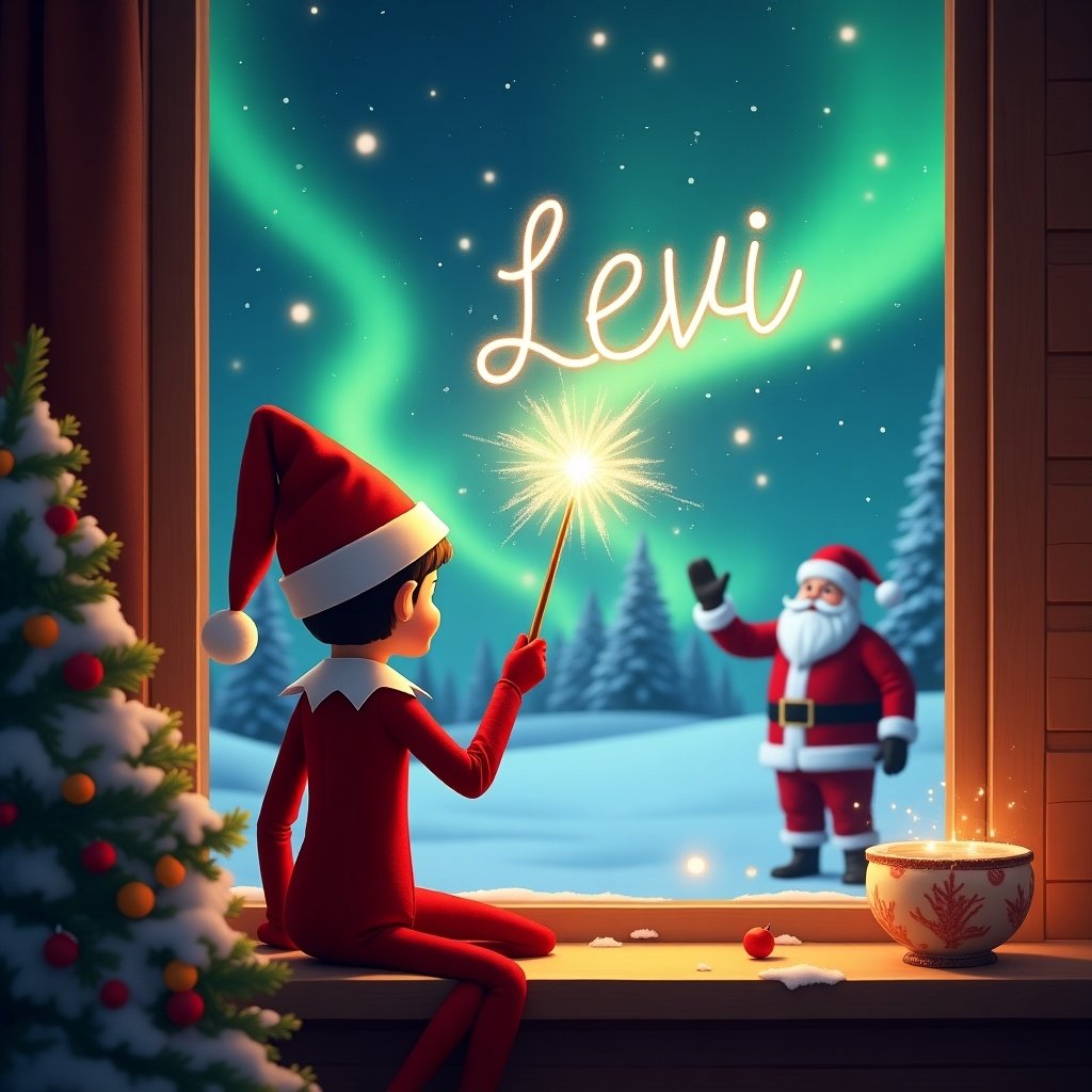 In a cozy, warmly lit room, an elf on the shelf is seen from behind. The elf wears a classic red outfit with a festive hat. Facing the window, the elf holds a magic wand, elegantly writing the name 'Levi' in sparkling light against the night sky. Beyond the window, the breathtaking northern lights illuminate the snowy landscape. Santa Claus is visible in the background, adding to the magical scene. This enchanting image captures the essence of Christmas joy and wonder, perfect for a holiday-themed illustration.