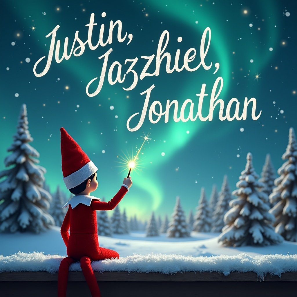 In this enchanting scene, an elf on the shelf is turned away from the viewer, gazing up at the dazzling northern lights in the night sky. With a magical wand in hand, the elf elegantly writes the names 'Justin, Jazzhiel, Jonathan' in sparkly letters against the backdrop of a serene winter landscape. Snow-covered trees line the scene, enhancing the festive atmosphere. The overall vibe is whimsical and inviting, perfect for a holiday greeting or decoration. The warmth of the elf’s presence adds to the magical charm of Christmas time.