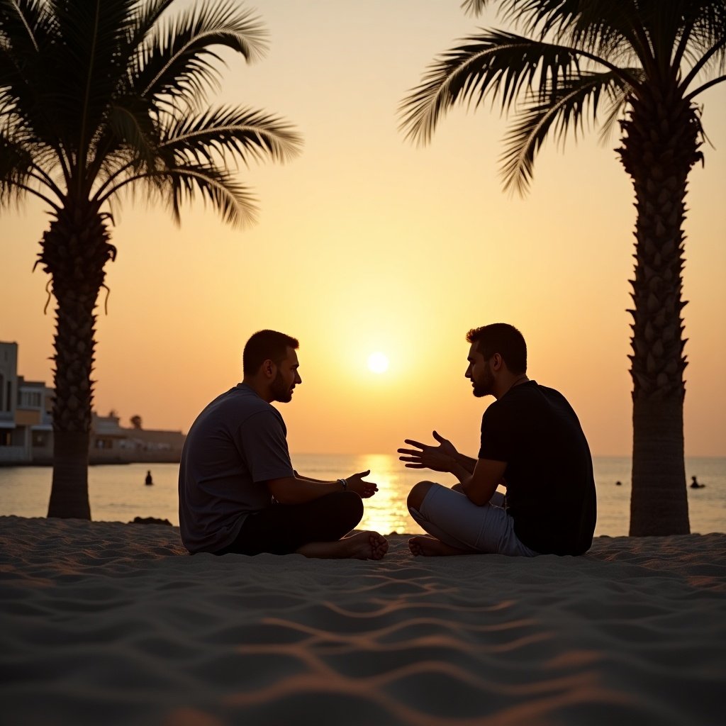 The image depicts two men sitting on a sandy beach during sunset. They are engaged in a deep conversation, illustrating a moment of connection and understanding. The sun sets behind them, casting a warm, golden light. Tall palm trees frame the scene, enhancing the tranquil setting. In the background, you can see people enjoying the beach. The overall mood is peaceful and contemplative, highlighting the bond between the two individuals.