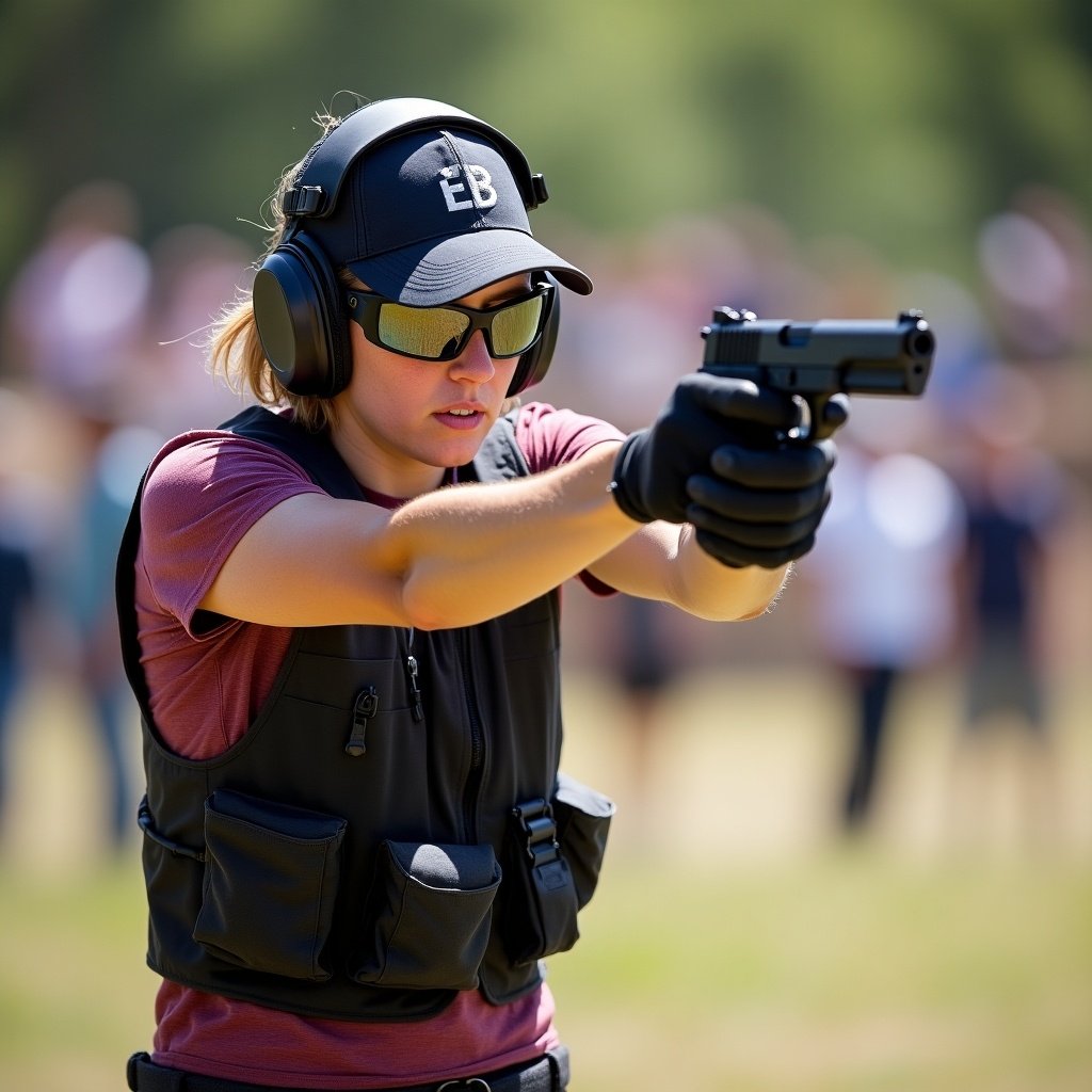 An image depicting an IPSC shooter in action. The shooter is aiming a handgun while wearing protective gear, including earmuffs and sunglasses. They are standing in a field with a blurred crowd in the background, emphasizing their focus on the target. The shooter's stance is athletic and confident, showcasing the intensity of the sport. The scene is set in natural daylight, highlighting the details of the equipment and the determination on the shooter's face.