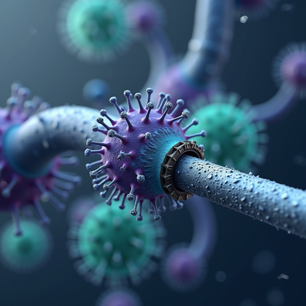 A surreal, microscopic representation of viruses on biomolecular structures.