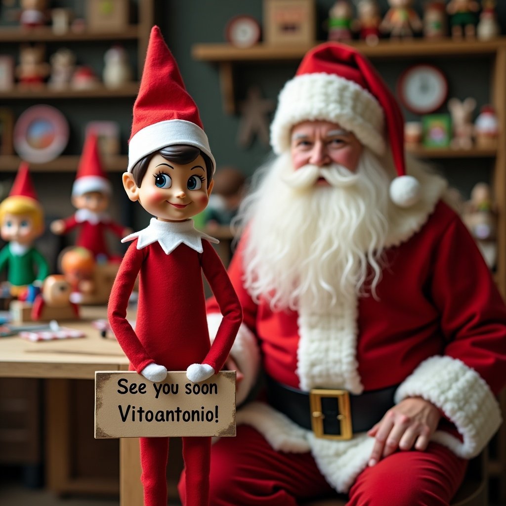 The image features an elf on the shelf wearing a traditional red outfit with white trim and a white collar. The elf is holding a sign that says, 'See you soon Vitoantonio!' while sitting next to Santa Claus. They are in a cozy toy workshop surrounded by Funko Pops and other festive decorations. The atmosphere is warm and inviting, perfect for the holiday season. The focus is on the joyful interaction between the elf and Santa, evoking a sense of wonder and excitement for children.