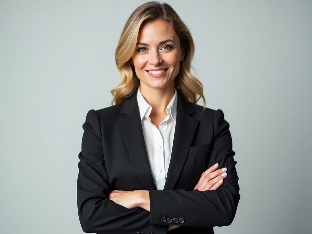 A professional headshot featuring a powerful business person with an assertive expression. They are dressed in a sharp, tailored suit that conveys confidence and authority. The background is plain and unobtrusive, emphasizing the subject. The lighting is bright and flattering, highlighting the person's features and professional demeanor. Their posture is straight, exuding professionalism and leadership.