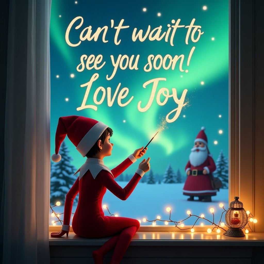 An enchanting scene with an elf on the shelf looking out a window. The elf has its back to the viewer, wearing a red outfit and a hat. It is using a magic wand to write a message in the night sky that reads, 'Can’t wait to see you soon! Love Joy.' Behind the elf, a magical winter landscape unfolds with vibrant northern lights illuminating the night. In the distance, Santa Claus can be seen, adding to the festive atmosphere. The room is cozy and decorated with twinkling lights, enhancing the Christmas spirit.