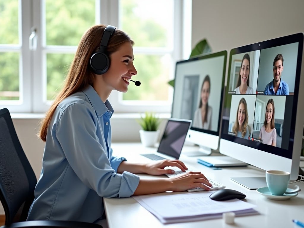 A young woman is actively participating in a video conference from her home office. She is dressed in a light blue, button-down shirt and wears wireless headphones, looking pleasant and engaged. The large monitor in front of her shows multiple participants in the conference. The desk is organized with a laptop, a coffee cup, and essential office supplies, while the bright, natural lighting creates an inviting atmosphere. There are two computer monitors on the desk; one displays the video call, and the other shows work-related documents. The room has an airy feel with a window casting soft light.