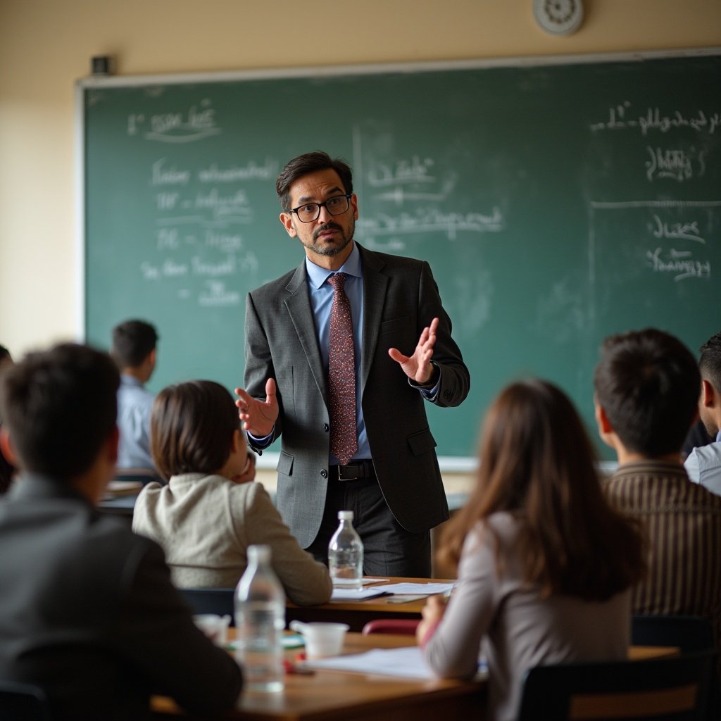 A teacher passionately engaging with students in a classroom setting.