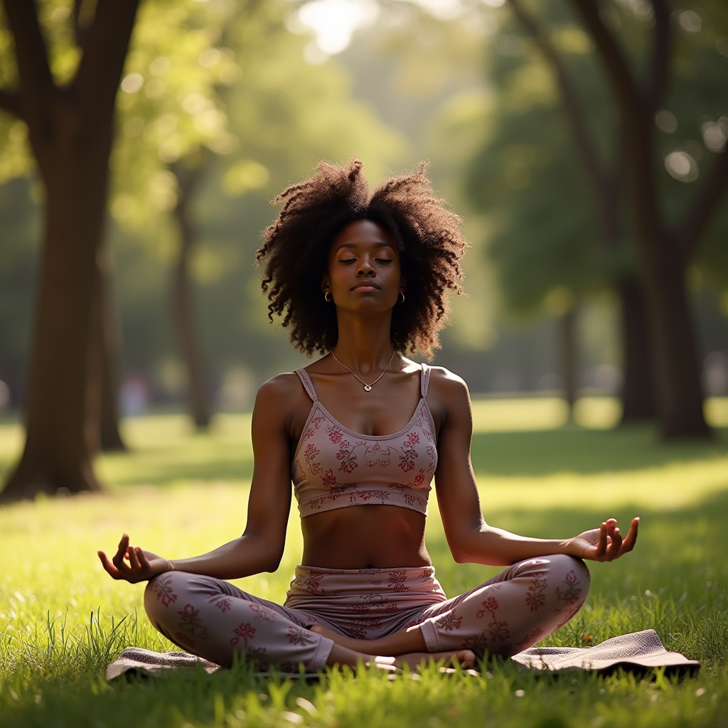 A person is meditating peacefully in a sunlit park, surrounded by trees.