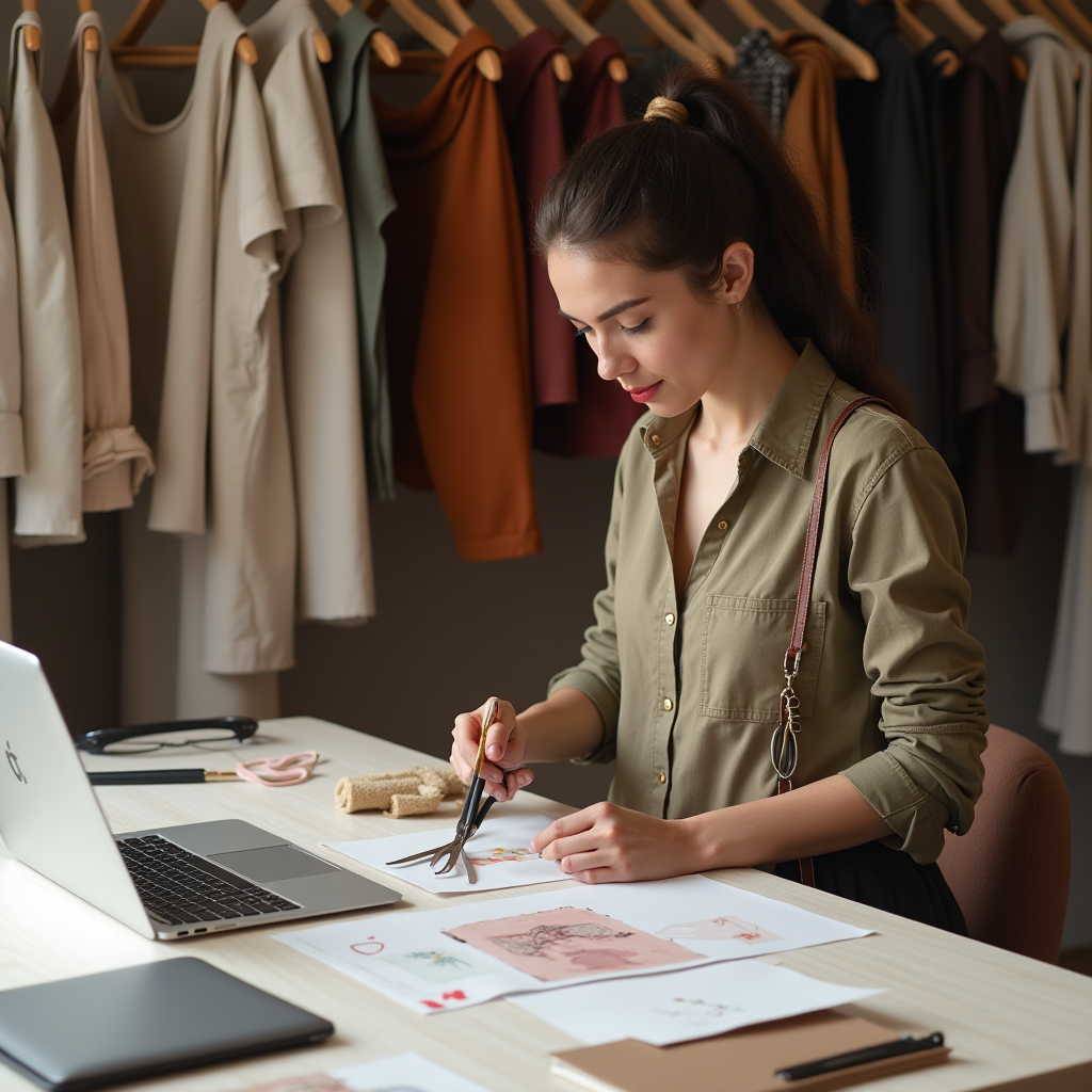 A woman works on fashion sketches at a desk in a clothing studio.