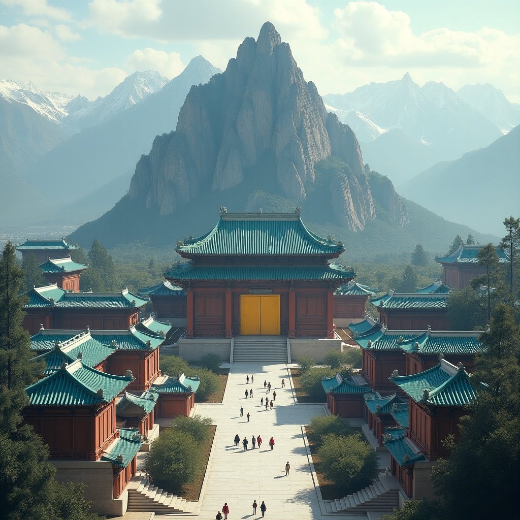 This image showcases a grand temple with a turquoise roof and balconies, set against a backdrop of grey jagged mountains. In the center, a large golden gate serves as the entrance to a spacious courtyard, framed by wooden structures and intricate architectural details. Surrounding the temple are various courtyards, each displaying unique characteristics. The scene is inhabited at multiple levels, illustrating a vibrant community. Snow-capped peaks loom majestically in the distance, adding to the serene environment.