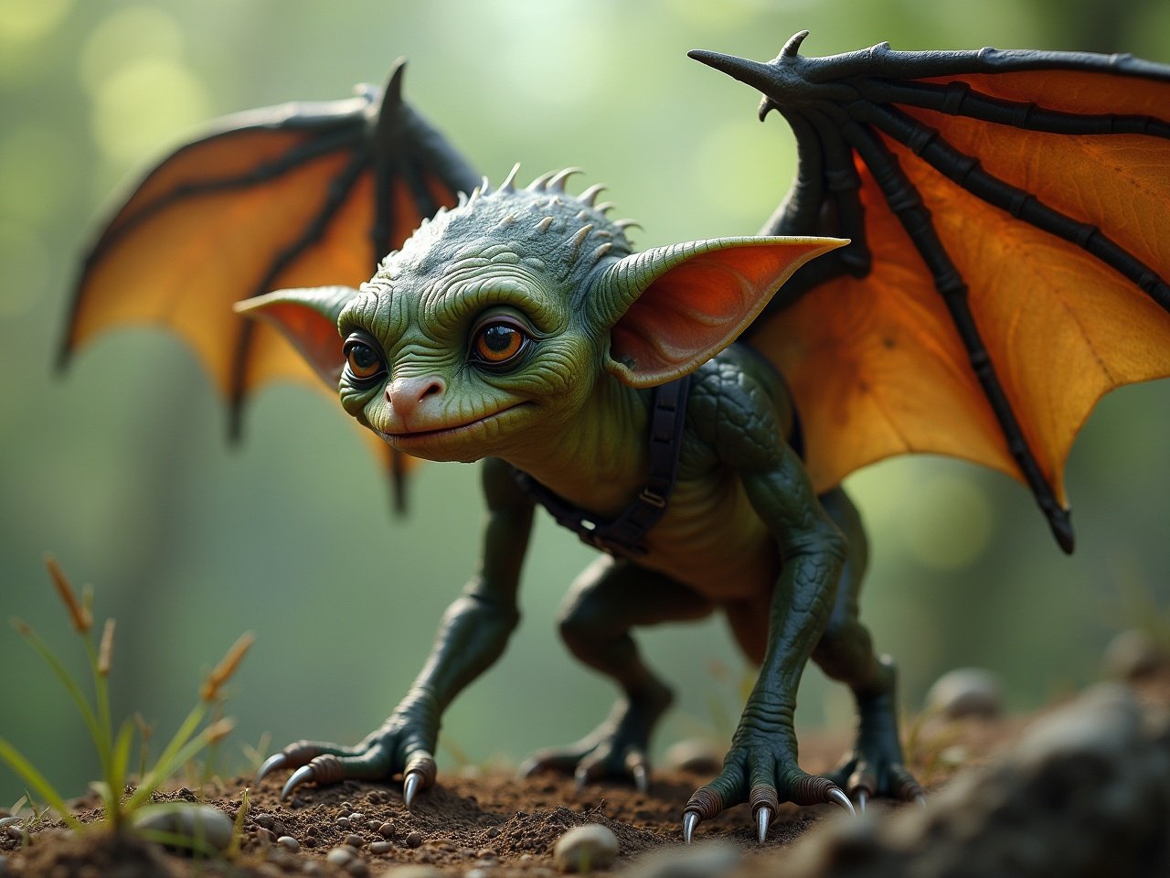 A small goblin-like creature with large wings poses in a forest setting. It has bright green skin, expressive eyes, and a playful grin. The wings are orange, resembling a bat’s, and it stands on all fours on the forest floor. Soft light filters through the trees, highlighting the goblin’s features and the earthy tones around it. The scene evokes a sense of wonder and curiosity about this fantastical character.