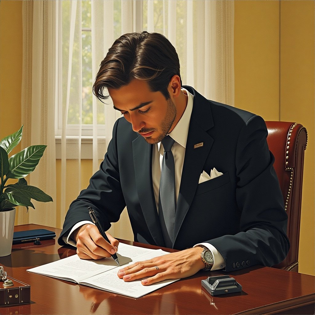 The image depicts a well-dressed businessman sitting at a desk, engrossed in writing on a document. He has neatly styled dark hair and is wearing a dark suit with a tie. The office setting features natural light streaming in through a window, creating a warm atmosphere. The desk is organized with a potted plant, a stylish watch on his wrist, and a ring, suggesting sophistication and professionalism. The focus is on his thoughtful expression as he writes, conveying a sense of determination and diligence.