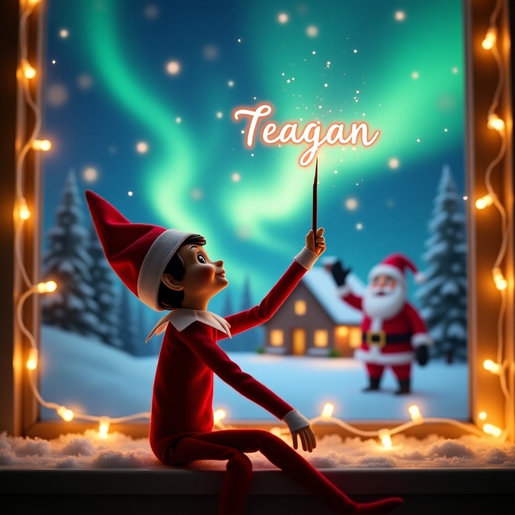 An elf on the shelf sits with its back to the viewer, gazing skyward. It holds a glowing wand that emits sparkling light. The background showcases a charming Christmas scene with colorful northern lights swirling above. In the distance, a cozy house can be seen, decorated for the holidays. Snow covers the ground, adding to the winter atmosphere. The elf is in a playful position, embodying the spirit of magic and wonder associated with Christmas. The name 'Teagan' is written in the air using the wand, creating a sense of holiday cheer.