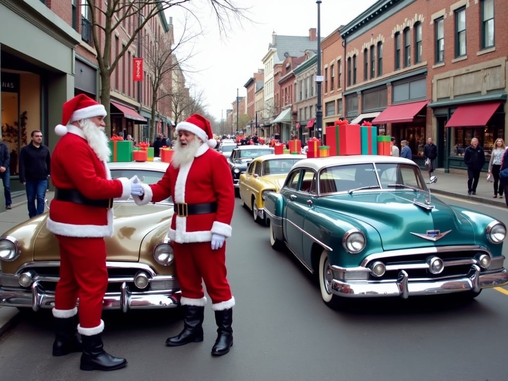 The scene depicts a festive street filled with holiday cheer. Two individuals dressed as Santa Claus are engaging happily near classic cars that are adorned with colorful wrapped gifts. The cars are parked along the street, creating an inviting atmosphere, accented by holiday decorations. In the background, a historic building adds charm to the scene, completing the festive vibe. There are people enjoying the celebration, contributing to the joyful environment. The sky is clear, adding to the pleasant ambiance.