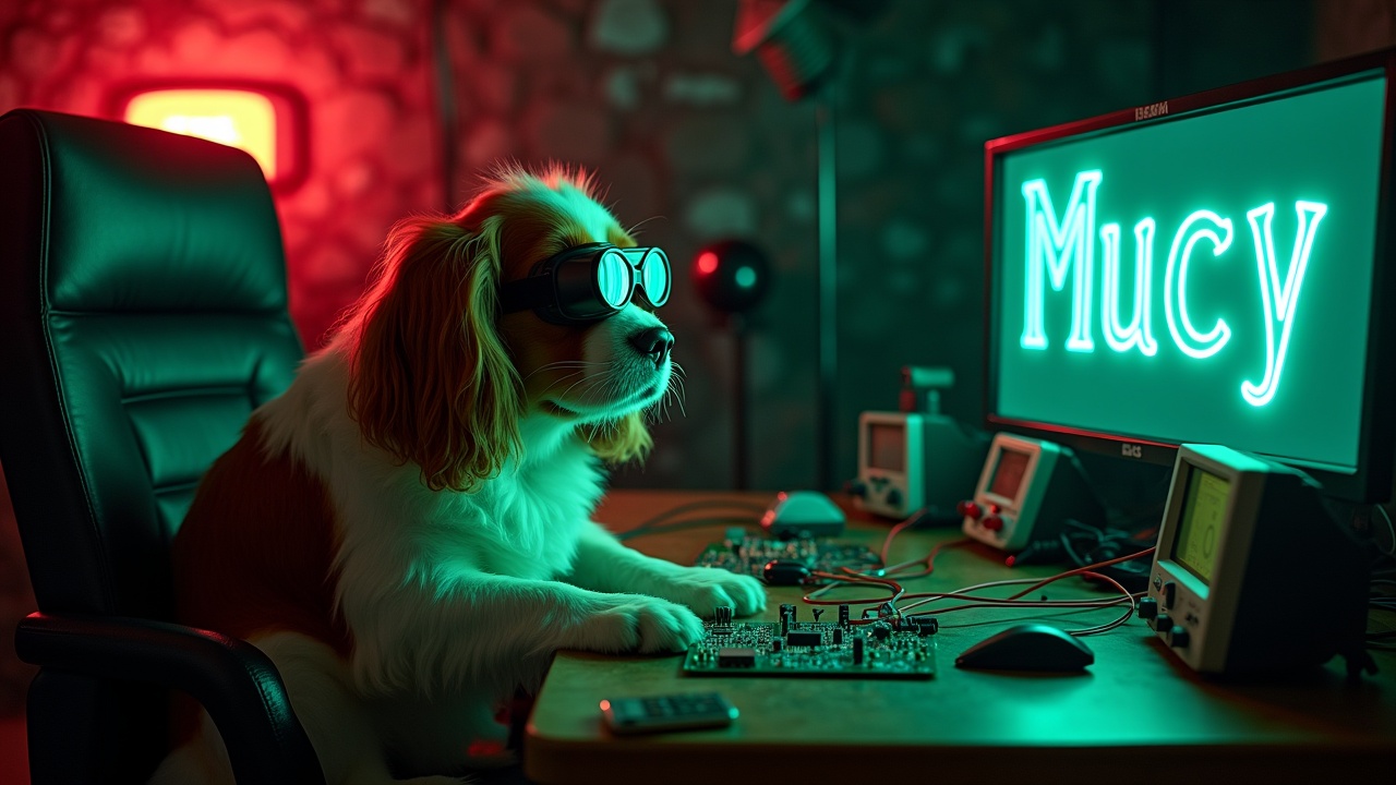 In a dark and eerie bunker, a fluffy Cavalier King Charles Spaniel is sitting in a chair, engaging with an electronic circuit board. The dog is wearing welding goggles. The dog is surrounded by various wires and circuit boards laid out on a bench. Next to the dog, there are oscilloscopes and multimeters displaying signals. The scene captures the unusual interaction between the pet and the repair of industrial equipment. A bright red emergency alarm lights up the background, adding to the eerie industrial atmosphere, while highlighting the dog's expressive face. This image perfectly blends the themes of technology, industry, and pet companionship. On a computer screen, we see the text 'Mucy', clearly written, in a glowing green font.